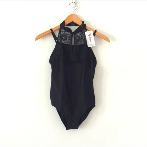 (2) NWT New Dancewear Black Mesh Lace Halter Tank Leotards Dance Gymnastics M - Picture 6 of 8